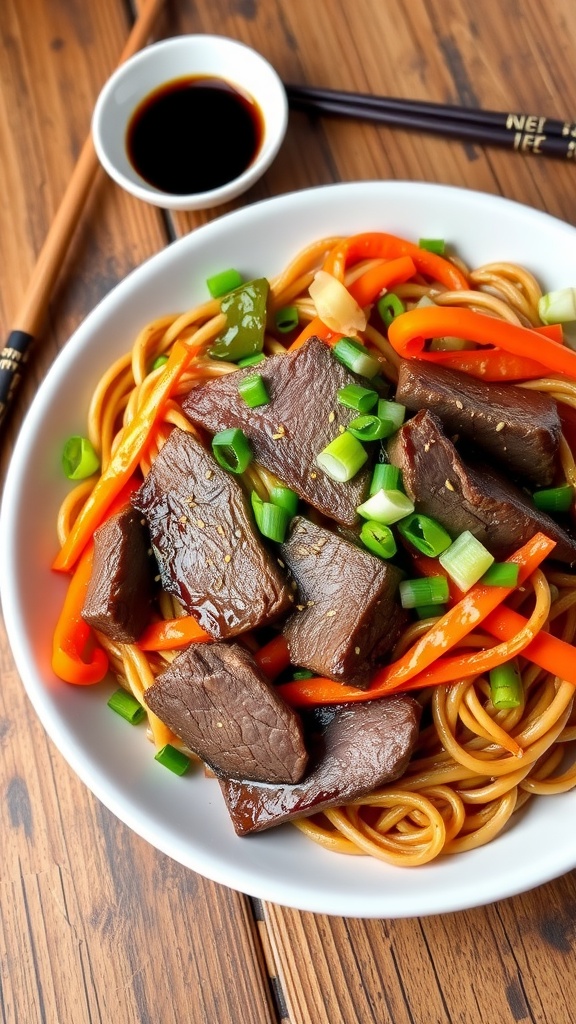 Savory Steak Yakisoba Recipe A delicious plate of steak yakisoba with beef, vegetables, and ramen noodles, garnished with green onions and sesame seeds.